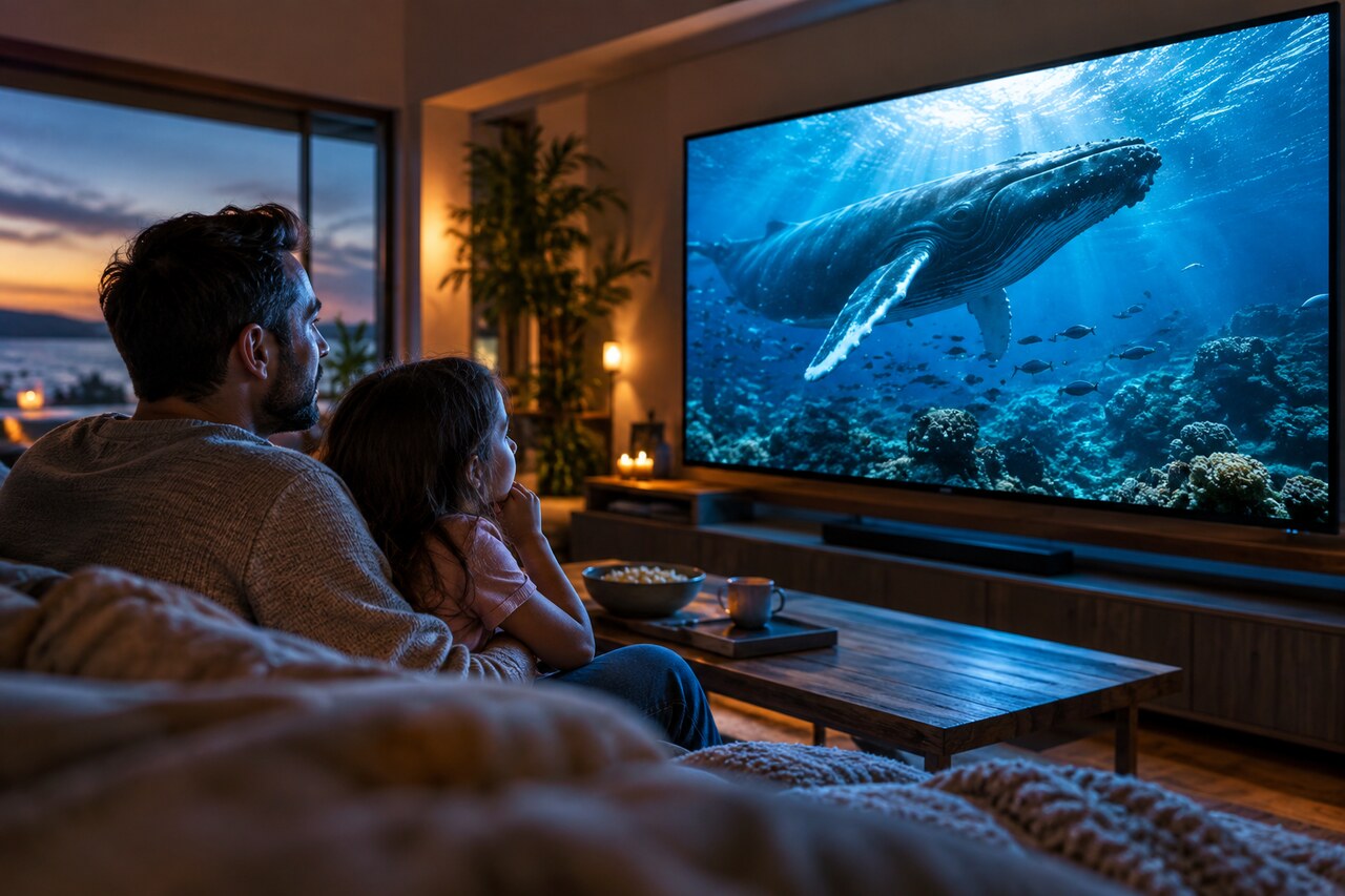 Parent and child watching an ocean wildlife documentary together