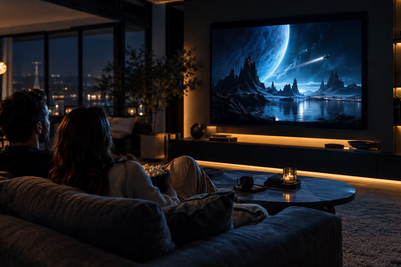 Couple enjoying an original cinematic science-fiction scene at home