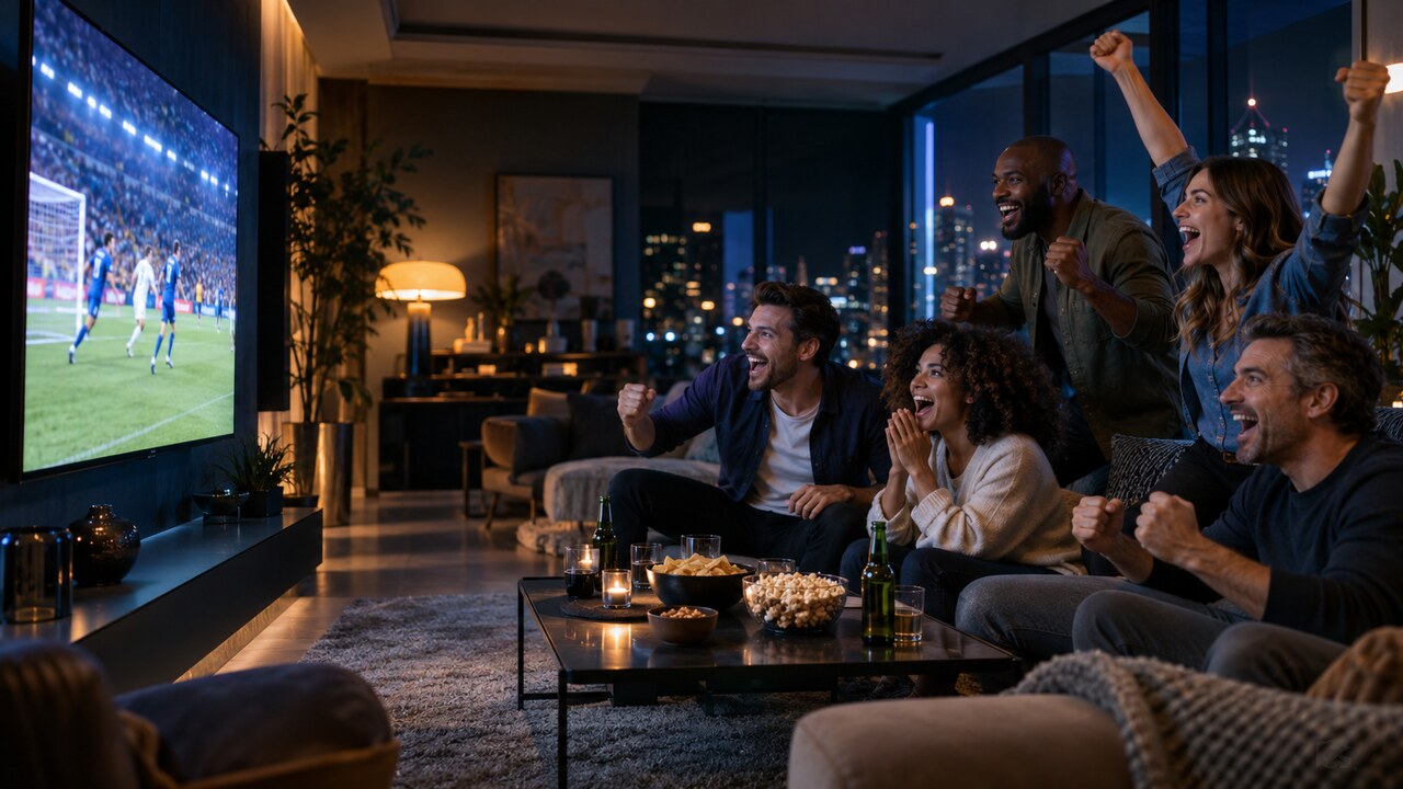 Family checking live football playback on a television after setup