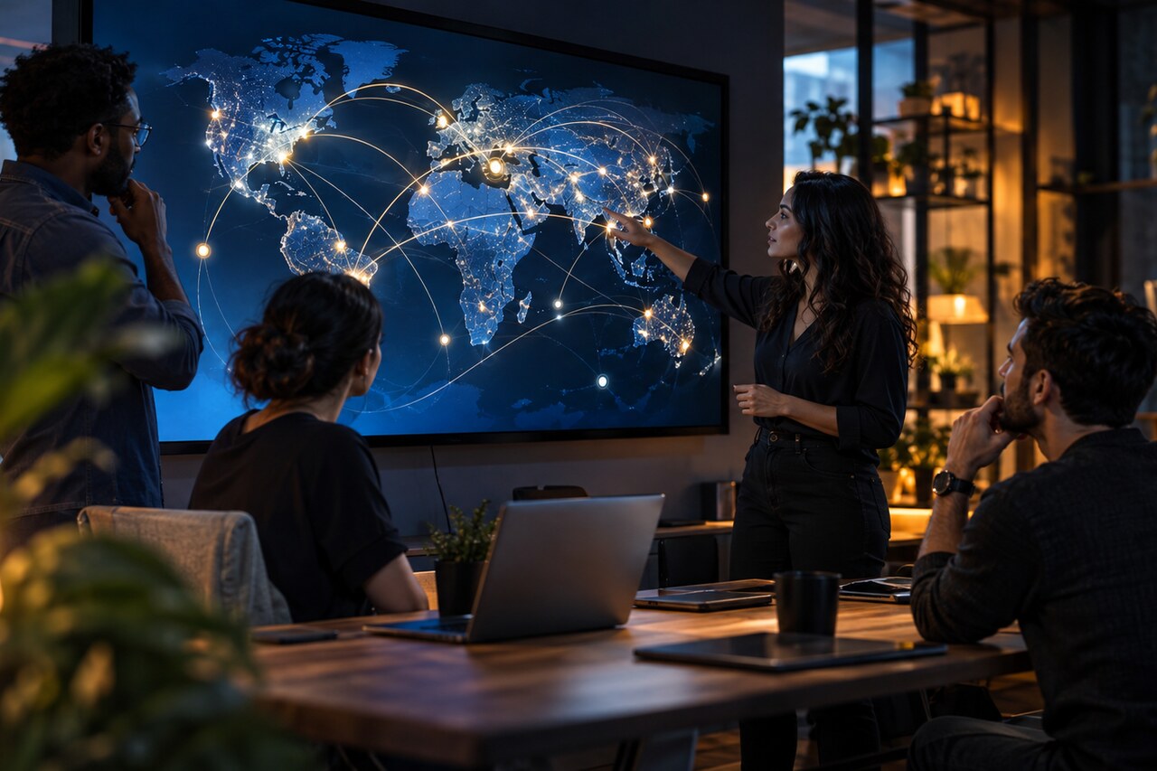 Kemo IPTV team discussing international viewing across connected screens