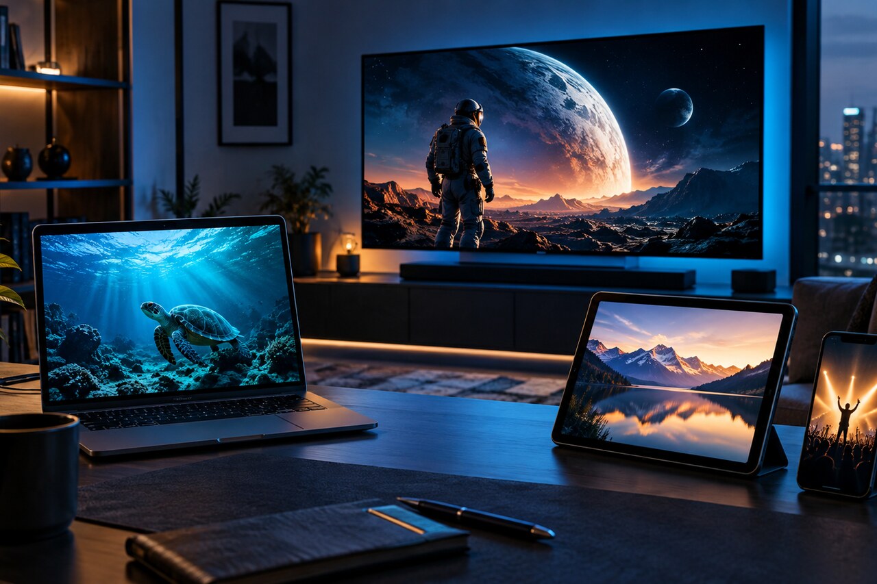 Laptop, tablet and mobile phone ready for television setup