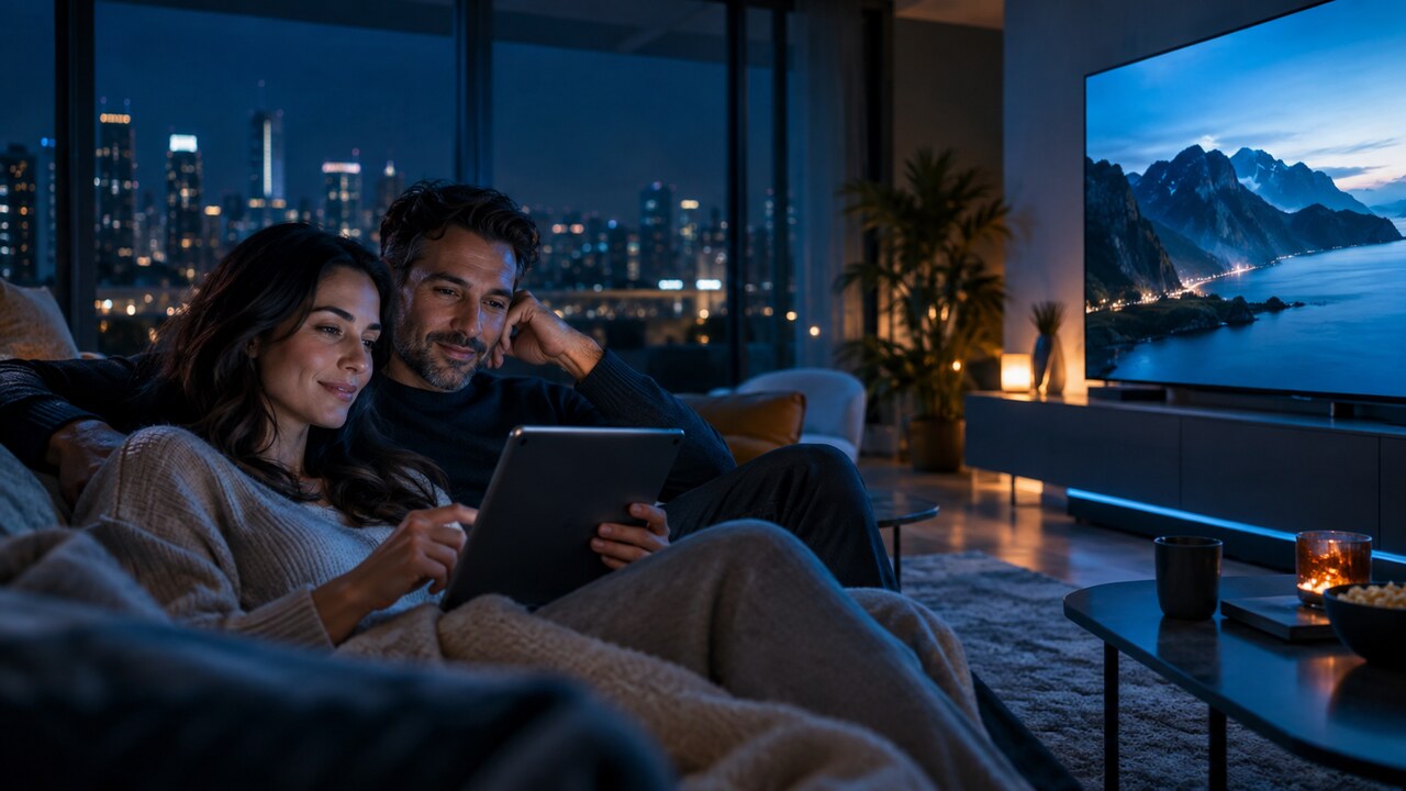 Five screens showing different programmes in one connected home
